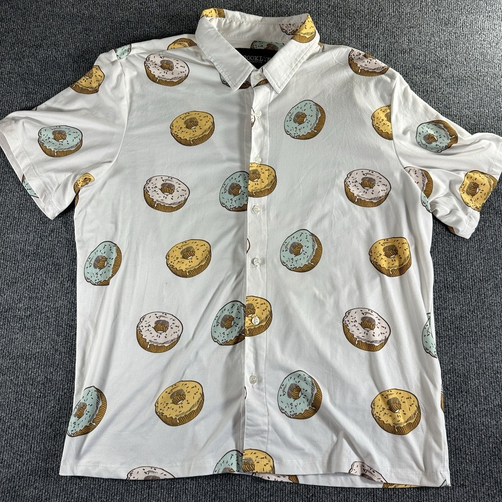 Brooklyn Standard Men's XL Button Up Shirt White Donut Print Short Sleeve Phish